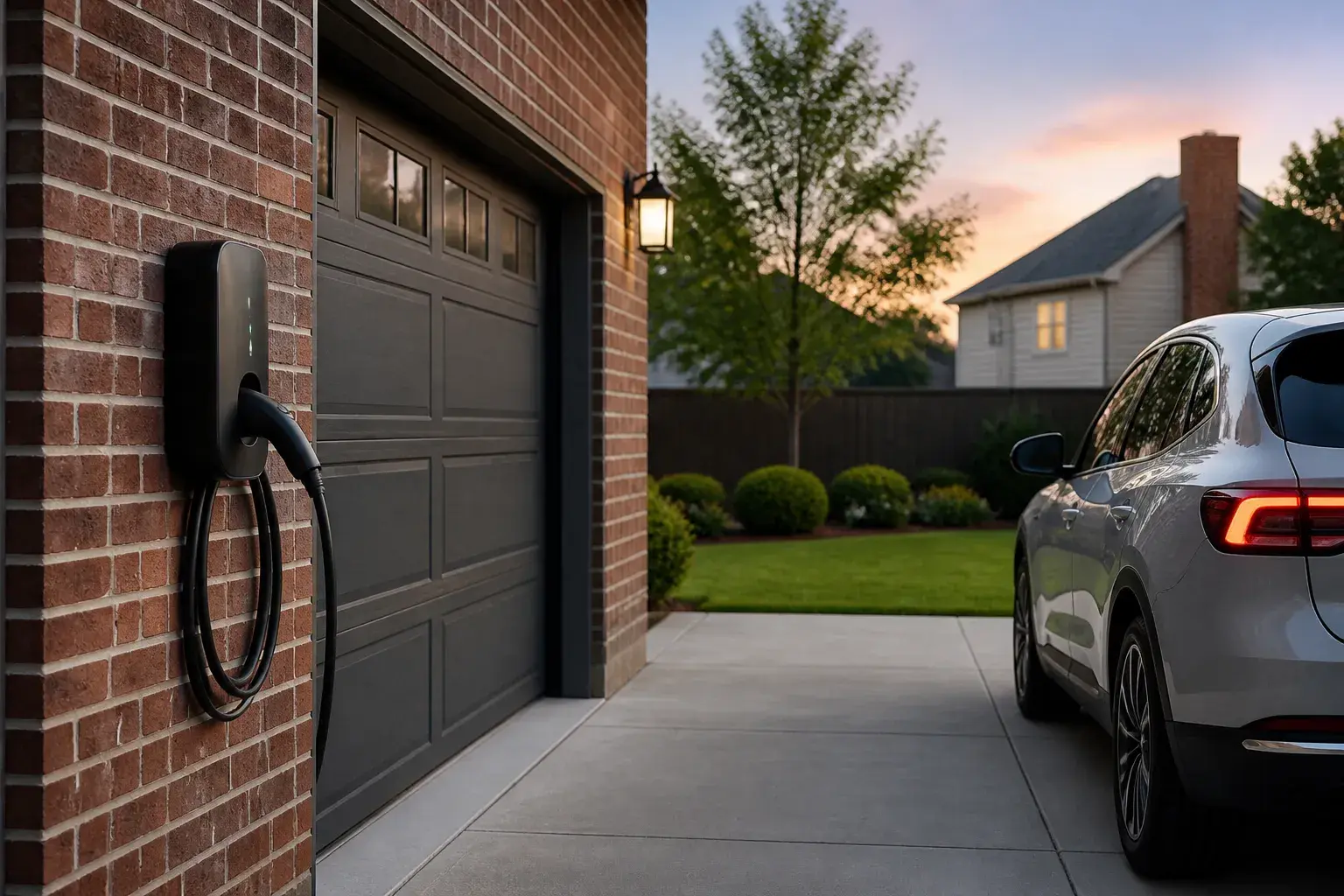 Finished EV charger mounted beside a tidy suburban garage