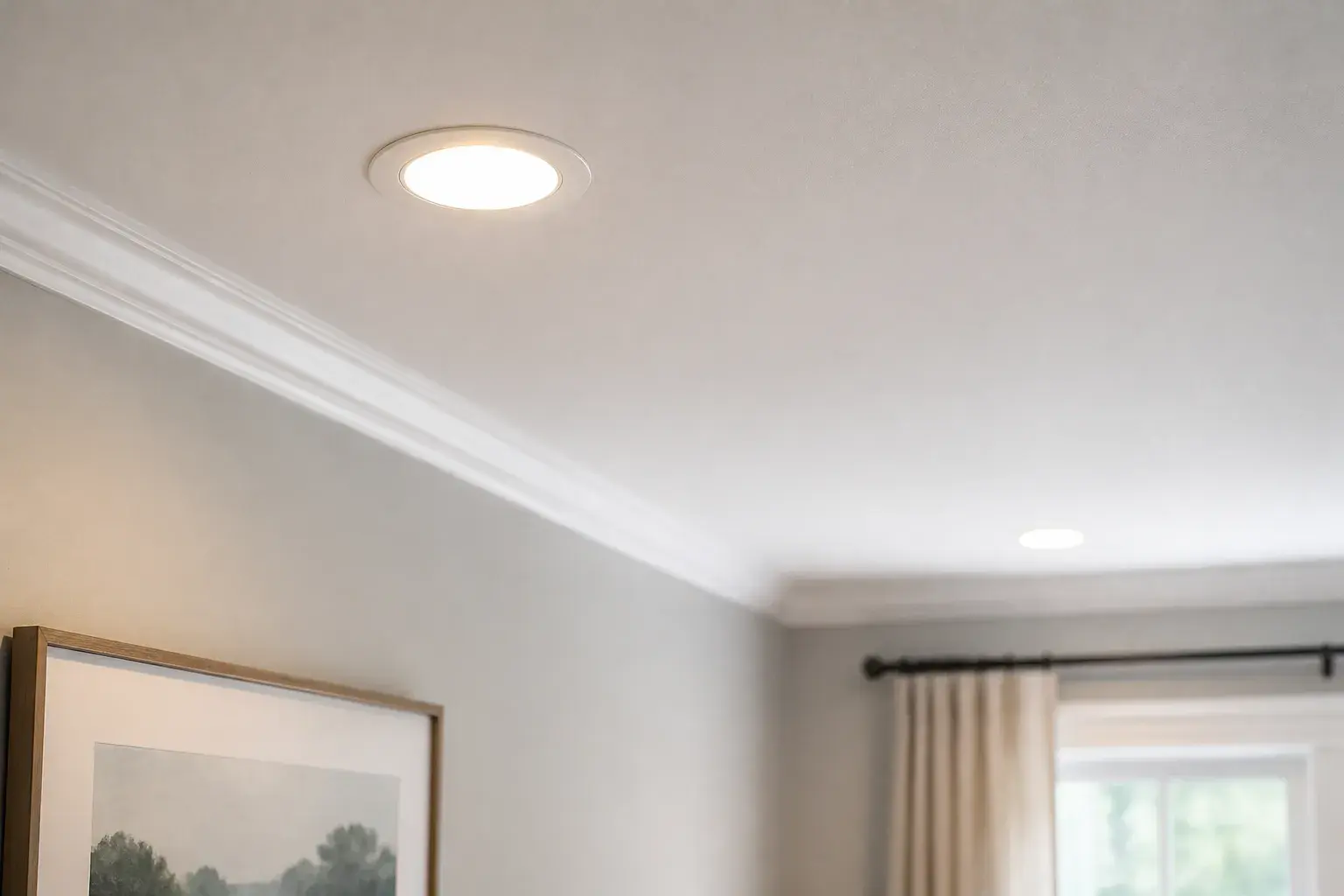 Clean recessed ceiling light in a finished living room