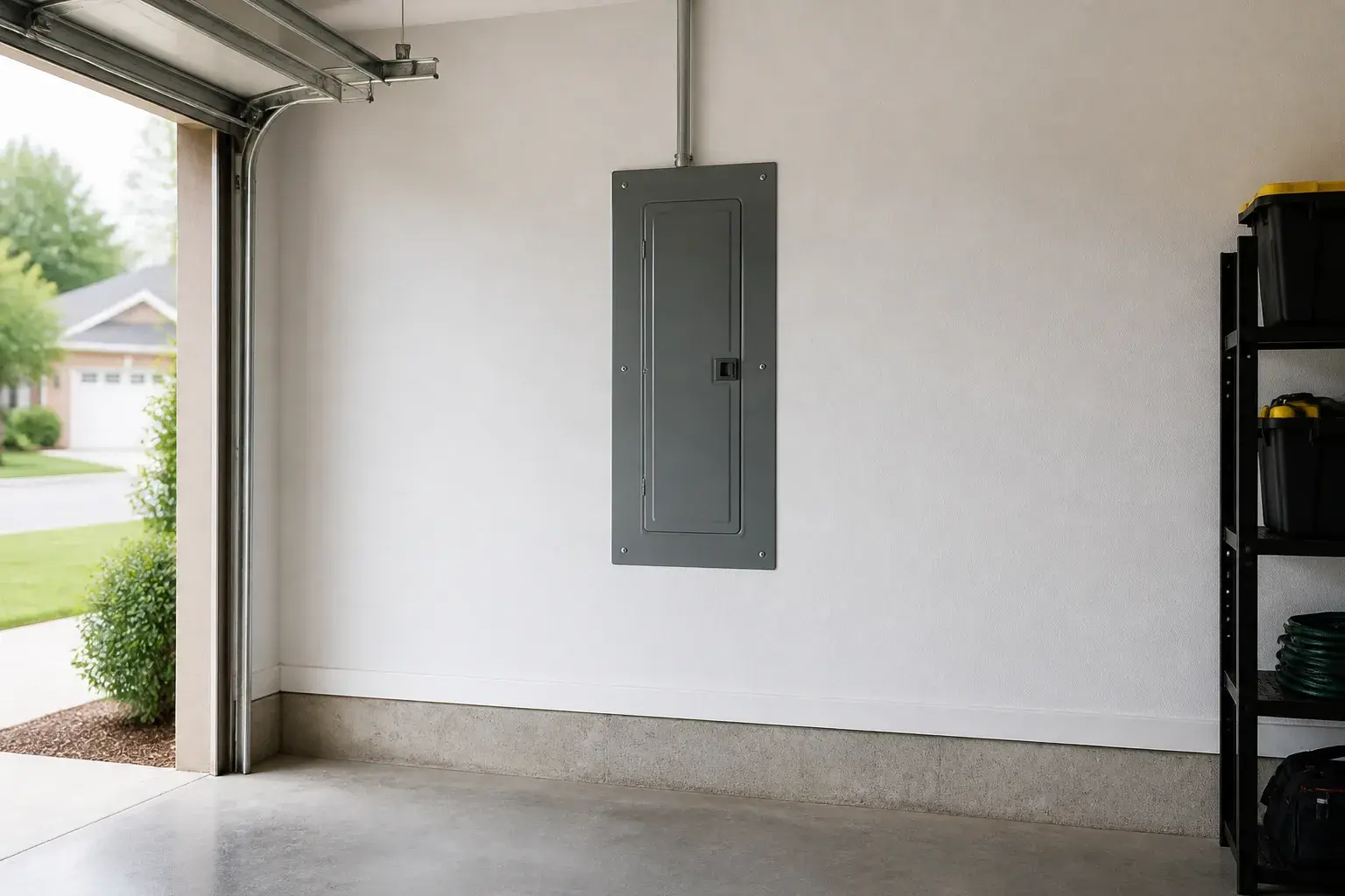 Completed panel upgrade in a clean home garage