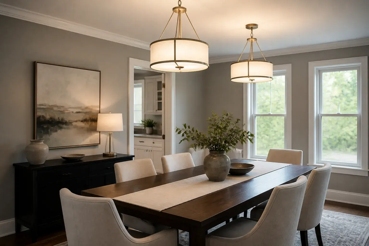 Finished dining room lighting with warm balanced illumination