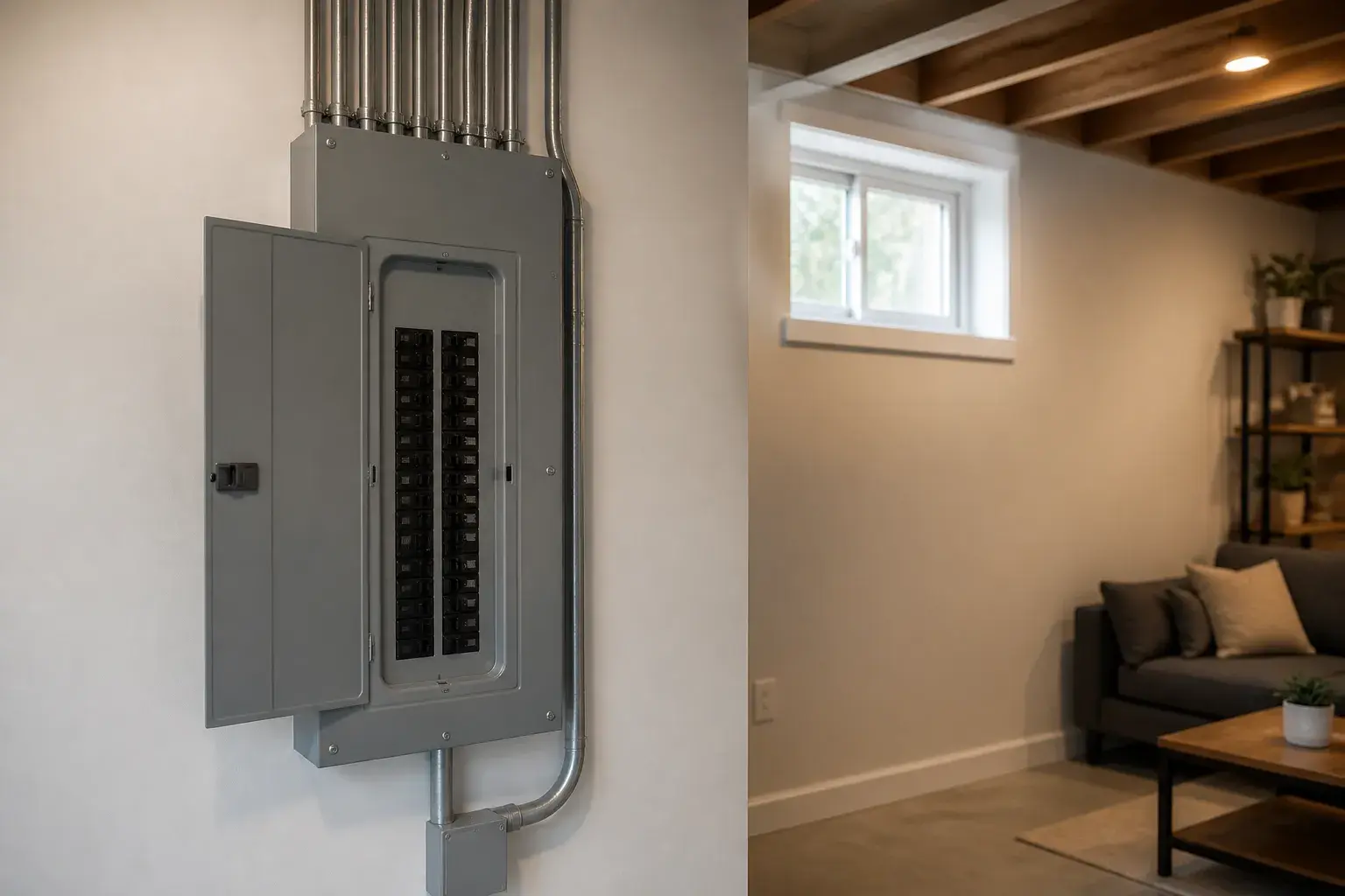 Finished electrical panel upgrade in a clean basement utility room