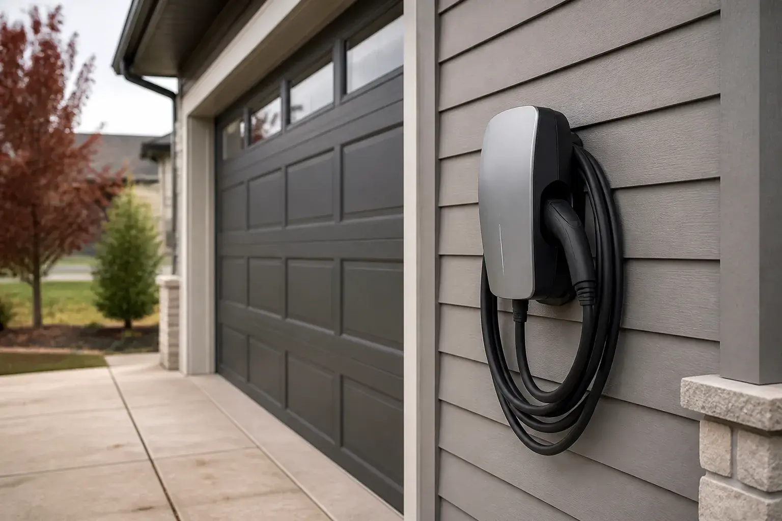 Installed EV charger on a tidy garage wall