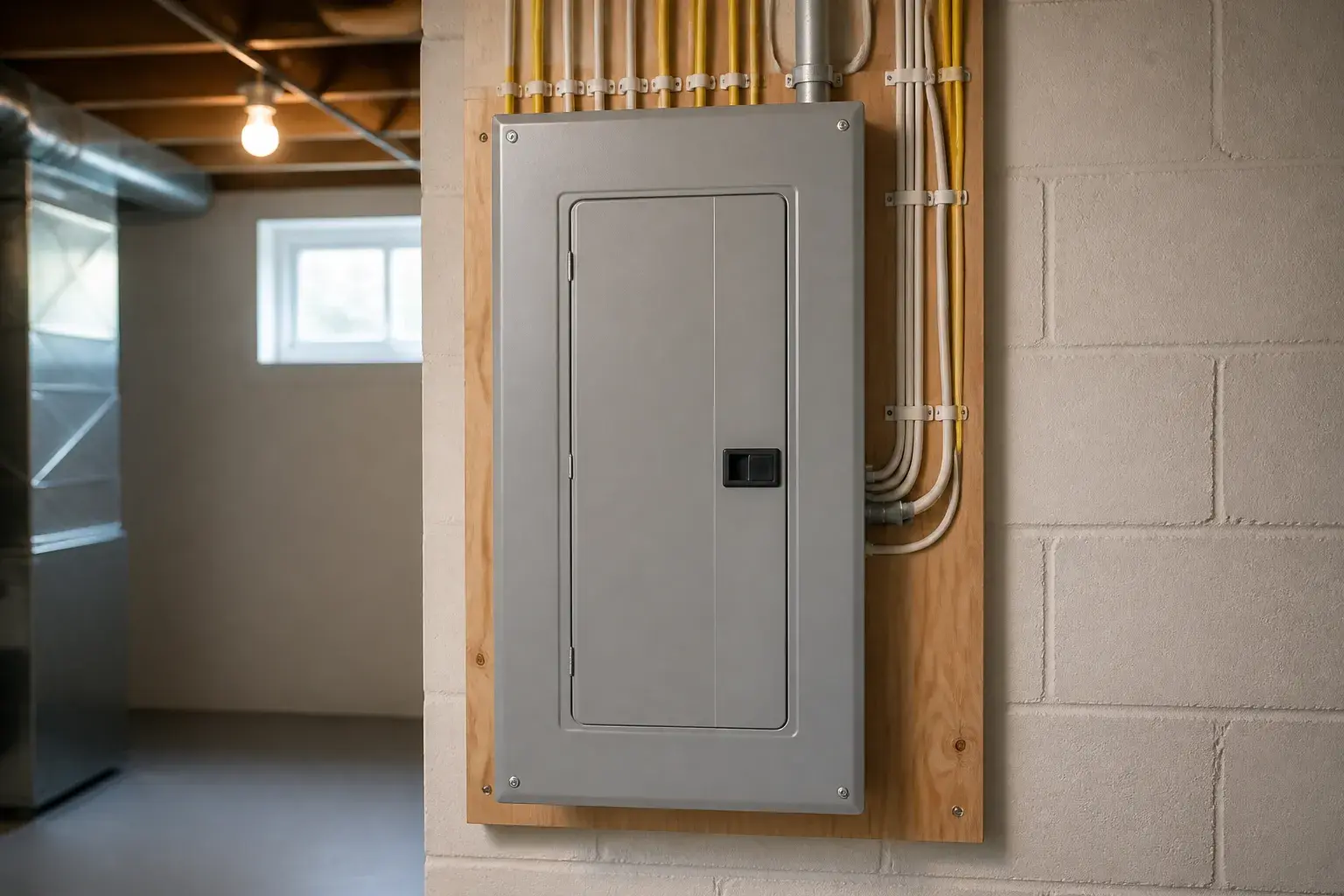Finished upgraded electrical panel in a clean utility room